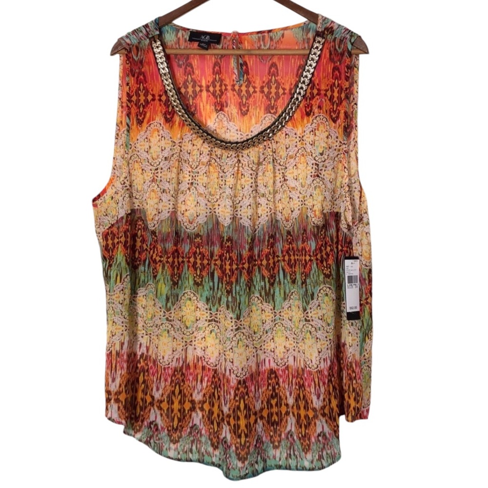 AGB Woman Sheer Summer Tank Top w Metal Heart Detail on Collar